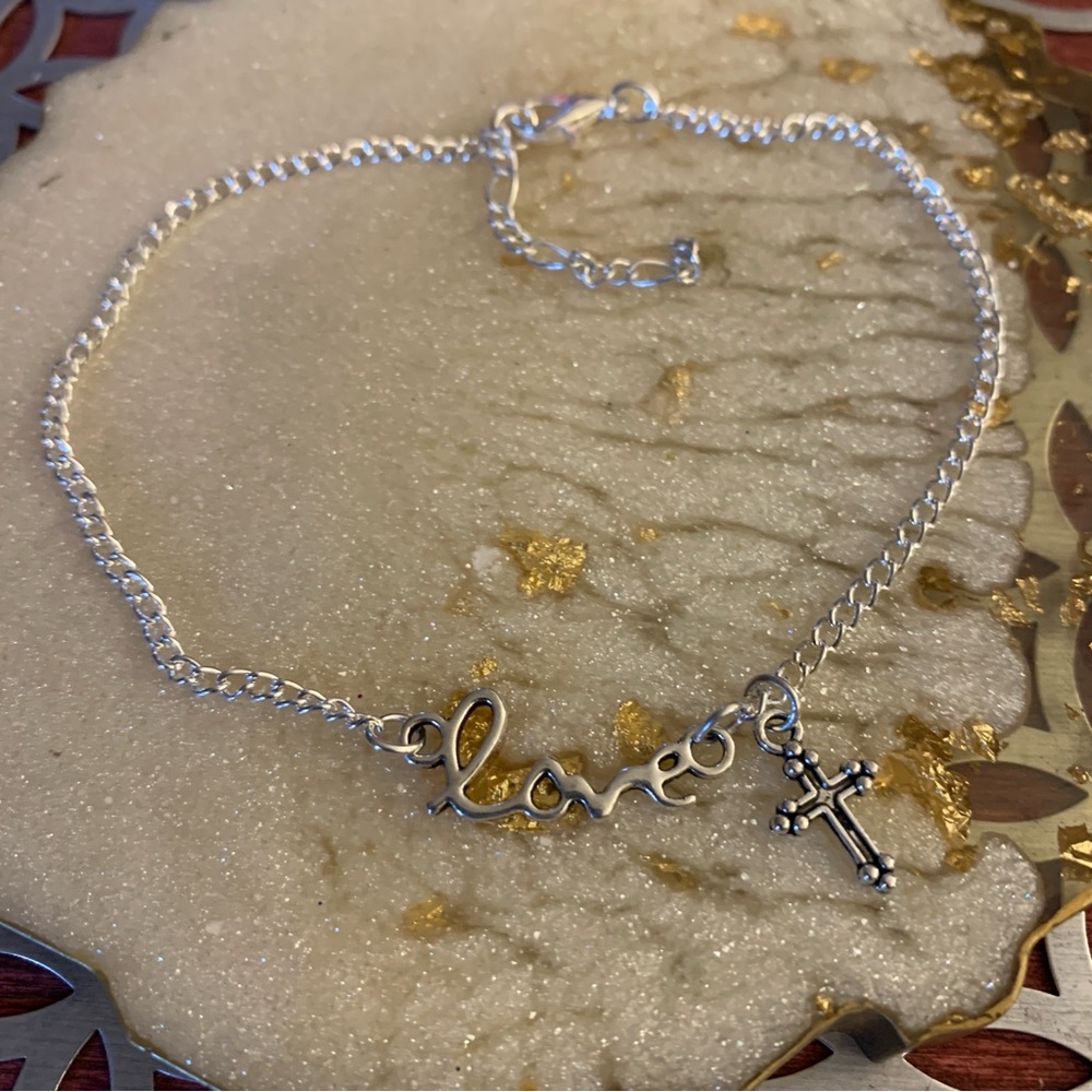Silver Tone Love and Cross Anklet